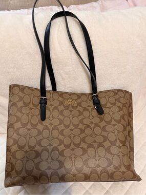 Coach Brown Signature Canvas Tote with Black Leather Straps